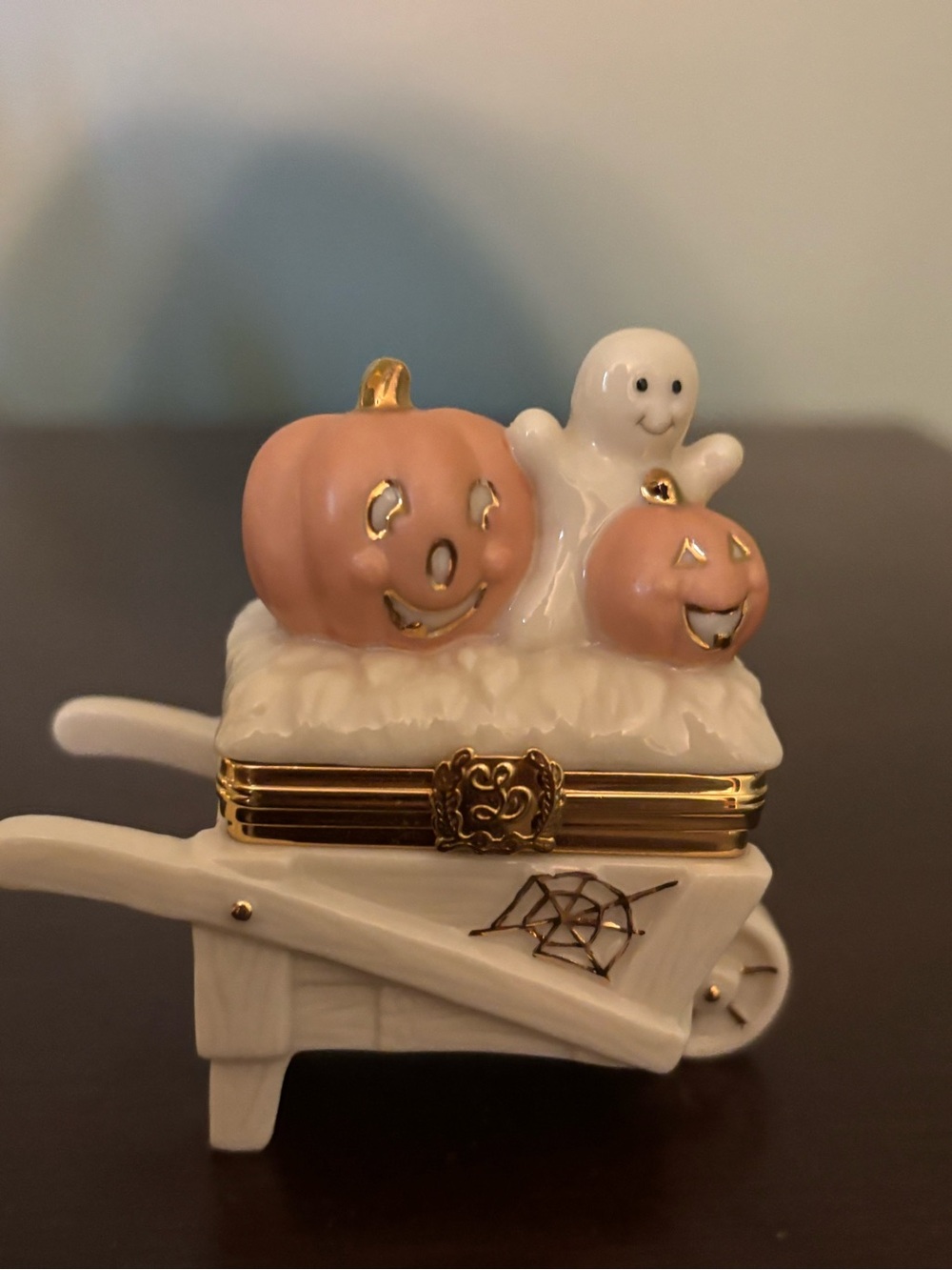 Porcelain Halloween Wheelbarrow Trinket Box with Pumpkins & Ghost
